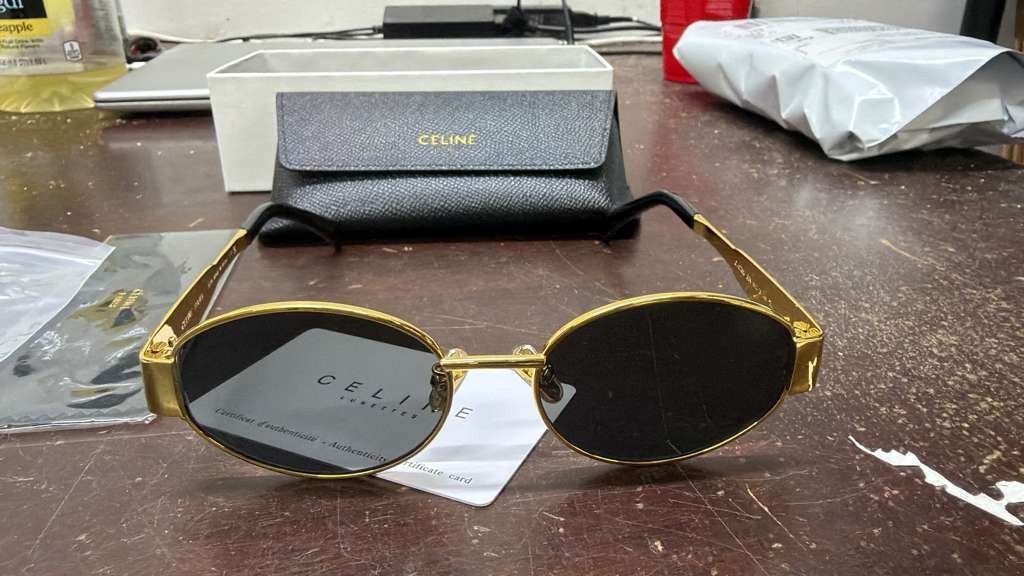 Celine CL40235U 30N Triomphe Metal Oval Sunglasses Gold Green Lens