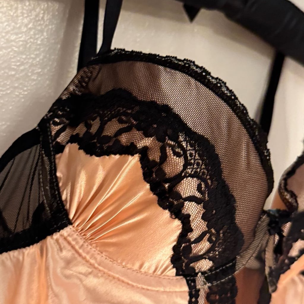 California Dynasty Pink Satin and Black Lace Cupped Babydoll Lingerie