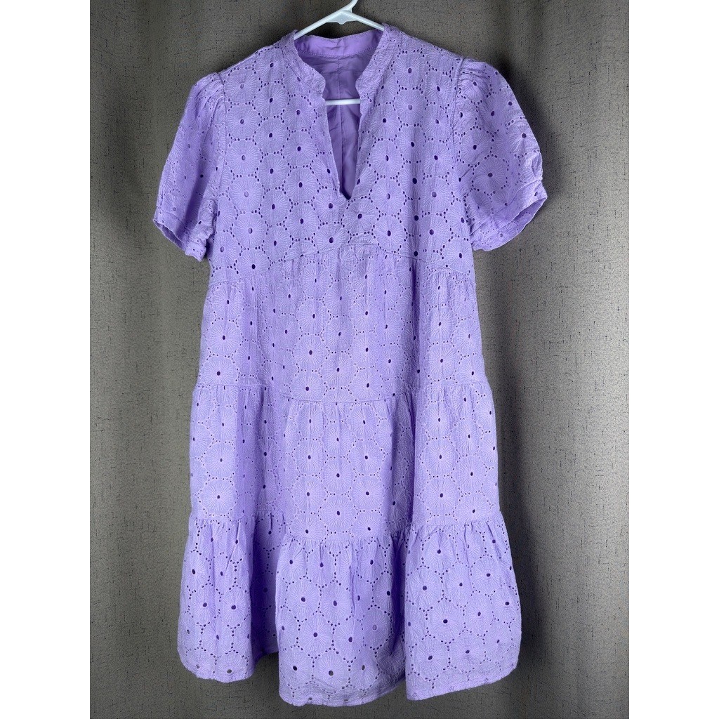 Eyelet Tiered Dress Women Large Lavender Short Sleeve Babydoll
