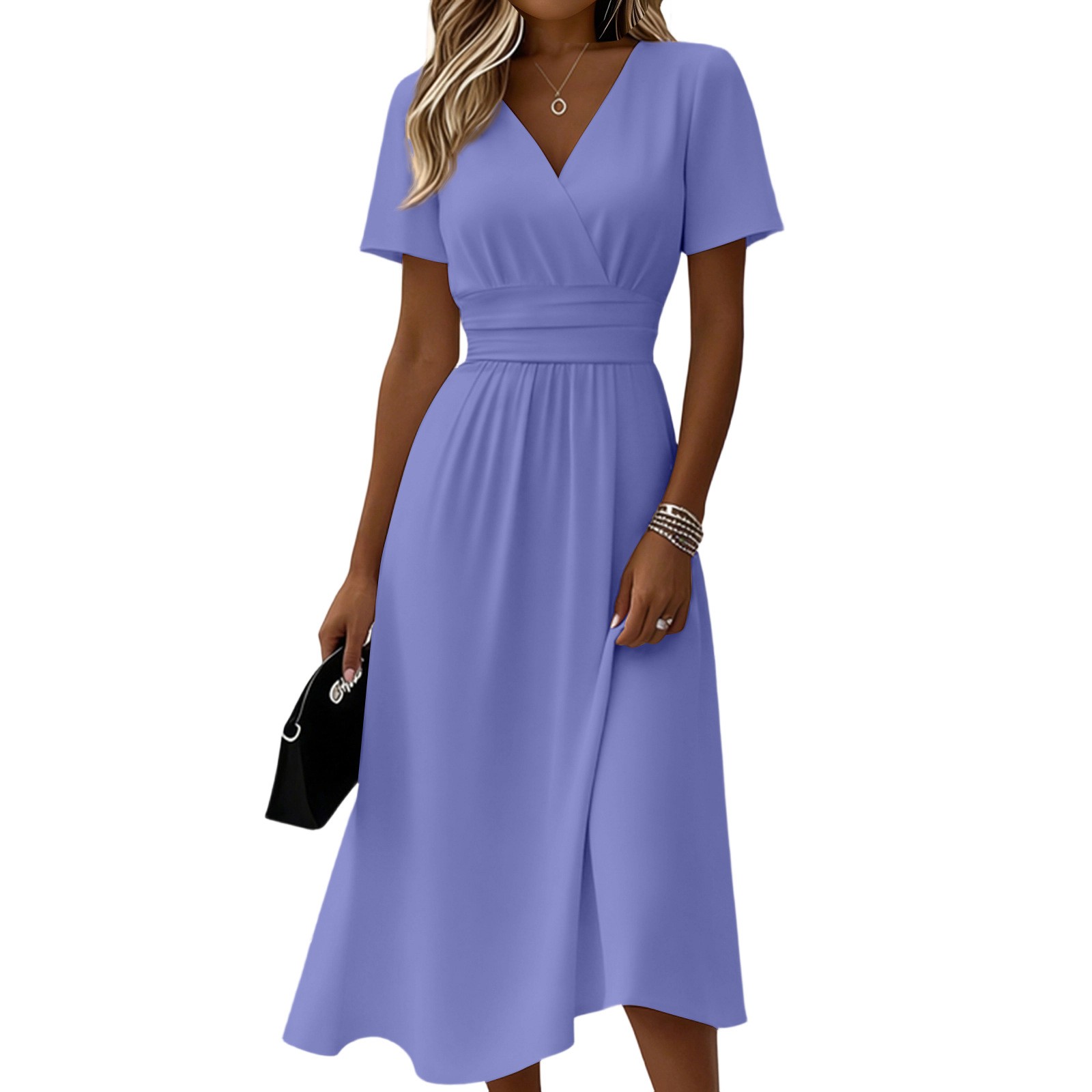 Womens Solid-Color Casual Short-Sleeve V-Neck Dress