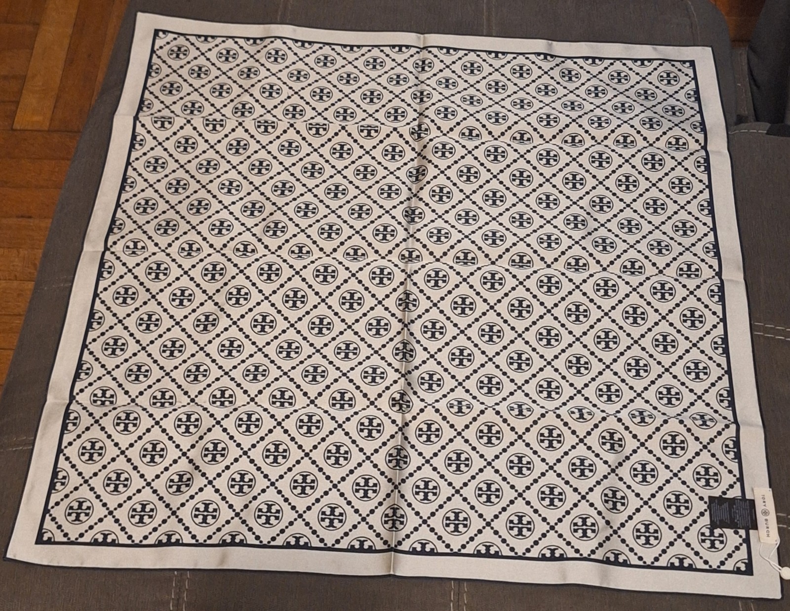 Brand New Tory Burch T Monogram Two Tone Scarf Tory Navy/New Ivory 27 X 27 In.