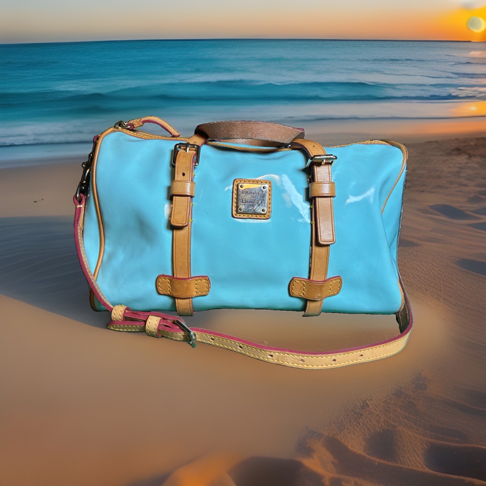 Dooney & Bourke Y2K Light Blue Patent Leather Satchel Bag Red Trim Crossbody