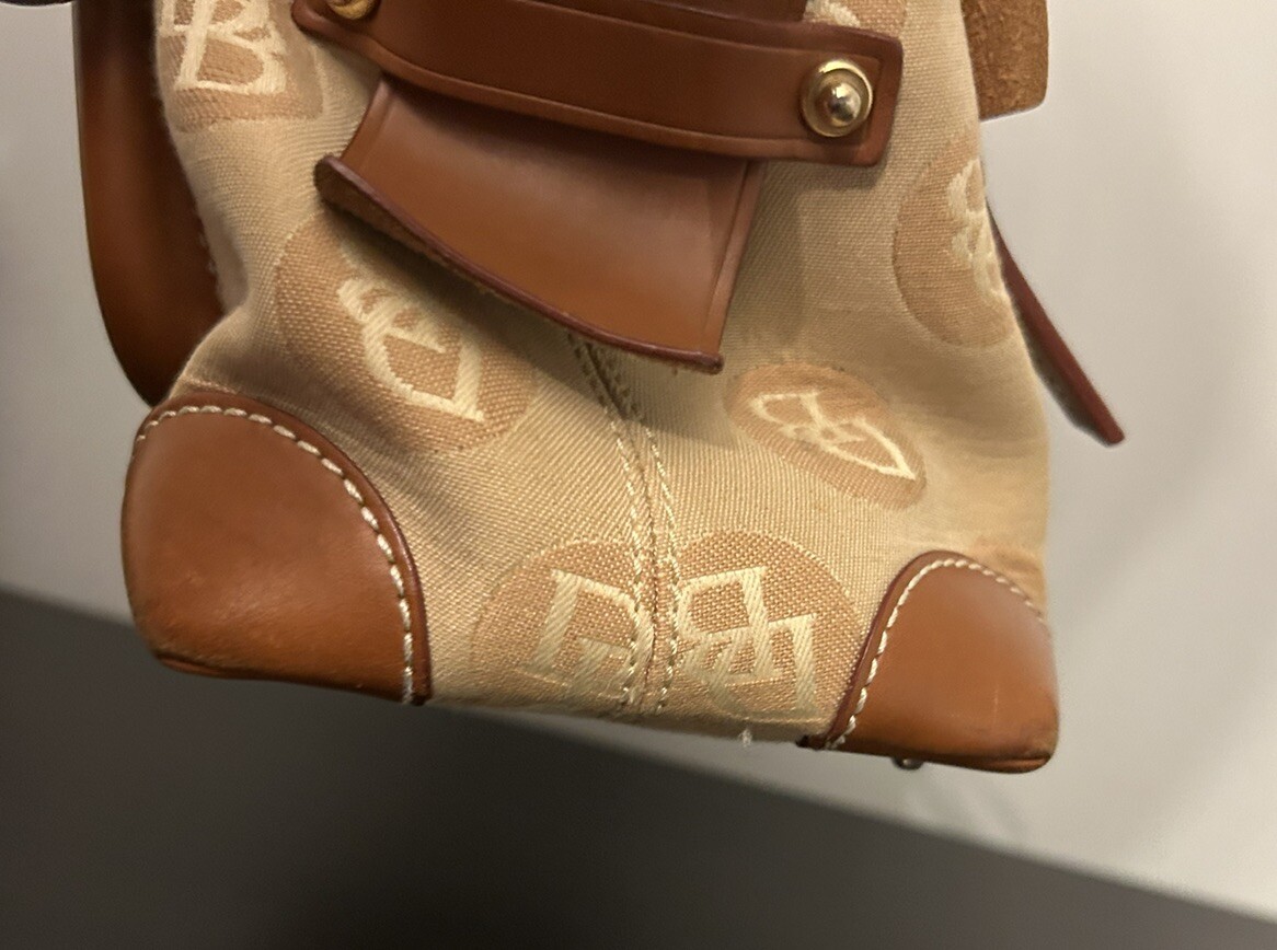 Dooney Bourke Satchel Purse Tan Canvas Leather 2 Front Lock Double Pocket