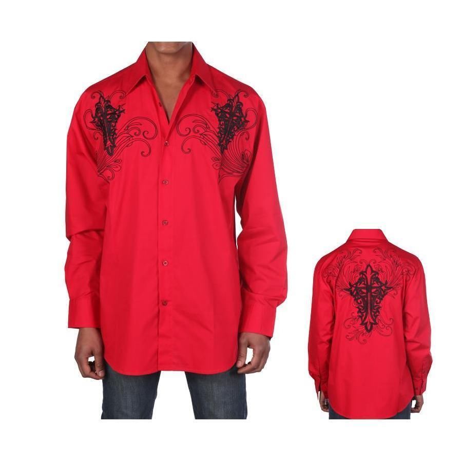 Men’s Western Cotton Embroidered Casual Shirt #42 Black White & Red