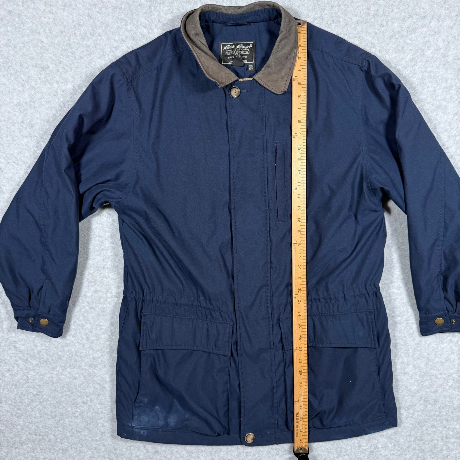 Eddie Bauer Mens Navy Blue Quilted Lined Chore Jacket Leather Collar Medium Y2k