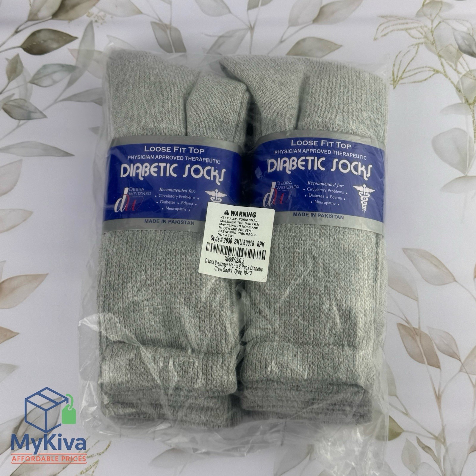 Diabetic crew socks men women gray 10-13 circulatory health cotton 6 pair pack