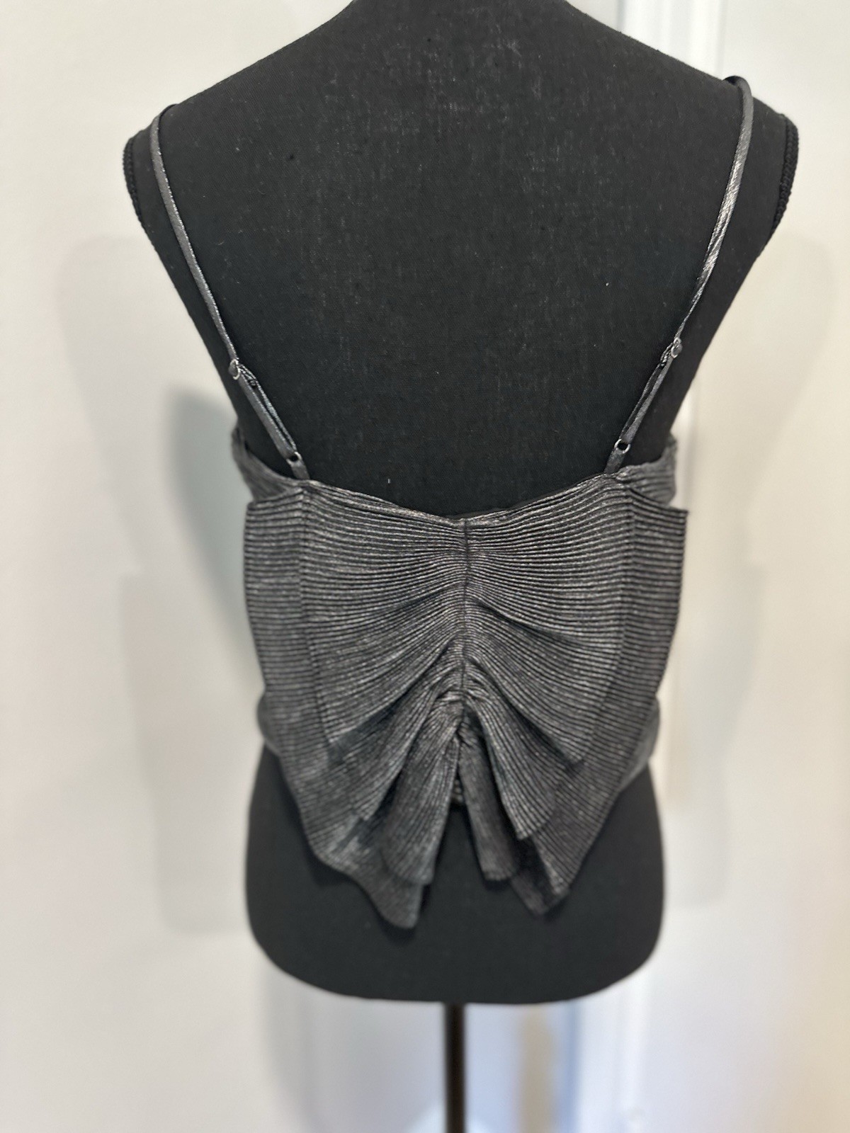 NWT Express Sz:S Pleated shimmer Metallic Bow Back Top Formal Cocktail Gray