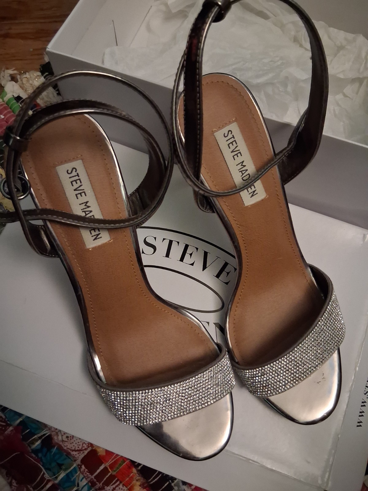 Steve Madden Silver Rhinestone Strappy Ankle Strap Open Toe Leather Heel 10