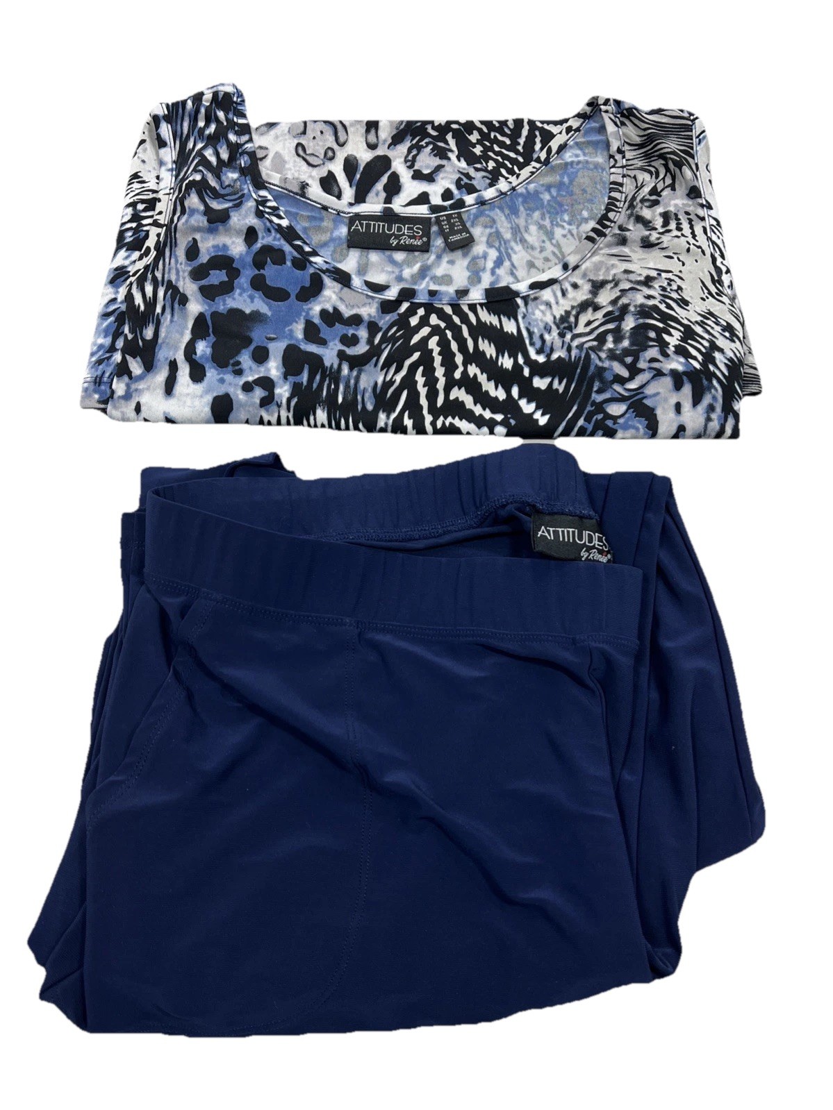 Plus Size Lounge Pant Set Stretch Knit Navy Pull-On Pants Abstract Top 1X QVC