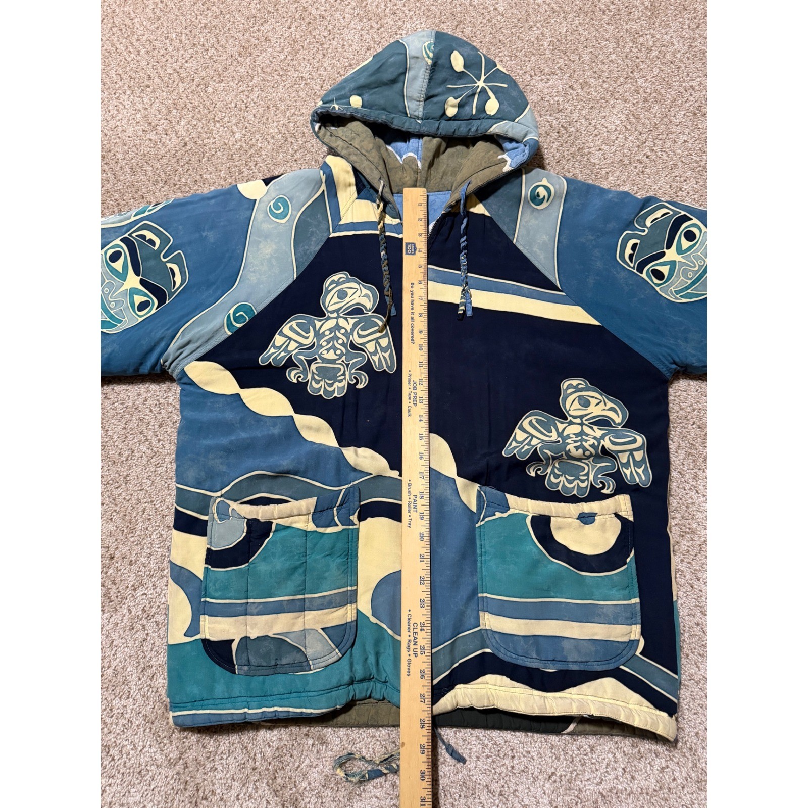 Asian Creations Jacket Mens Medium Blue Batik Eagle Mask Quilted Hooded Zip Up