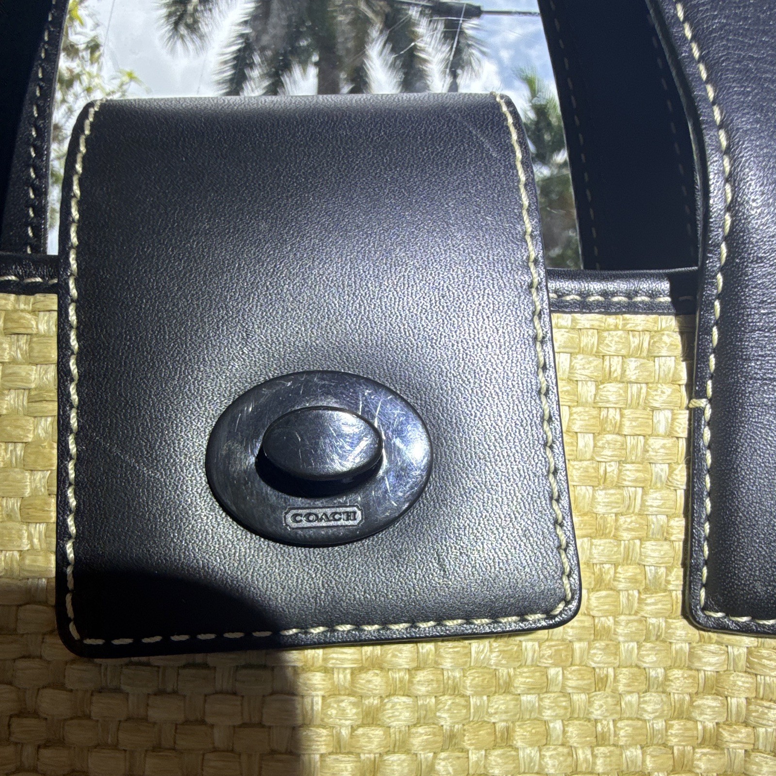 Coach Woven Beige Black Tote Bag Turn Lock Zip Double Handles Inner Pockets