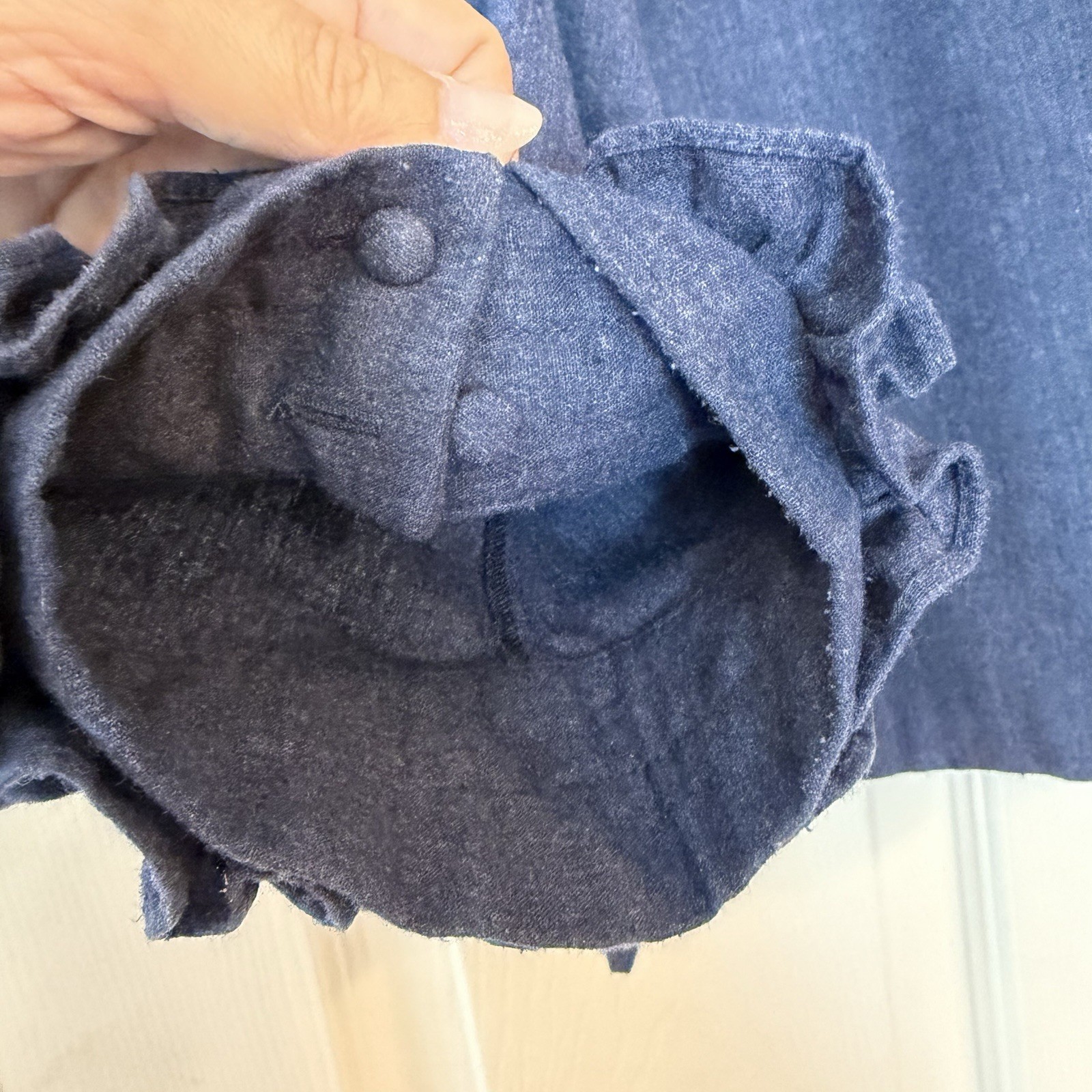 M. Patmos Denim Cotton Top Blue Ruffle Cuff Keyhole Boxy Lagenlook Minimalist L