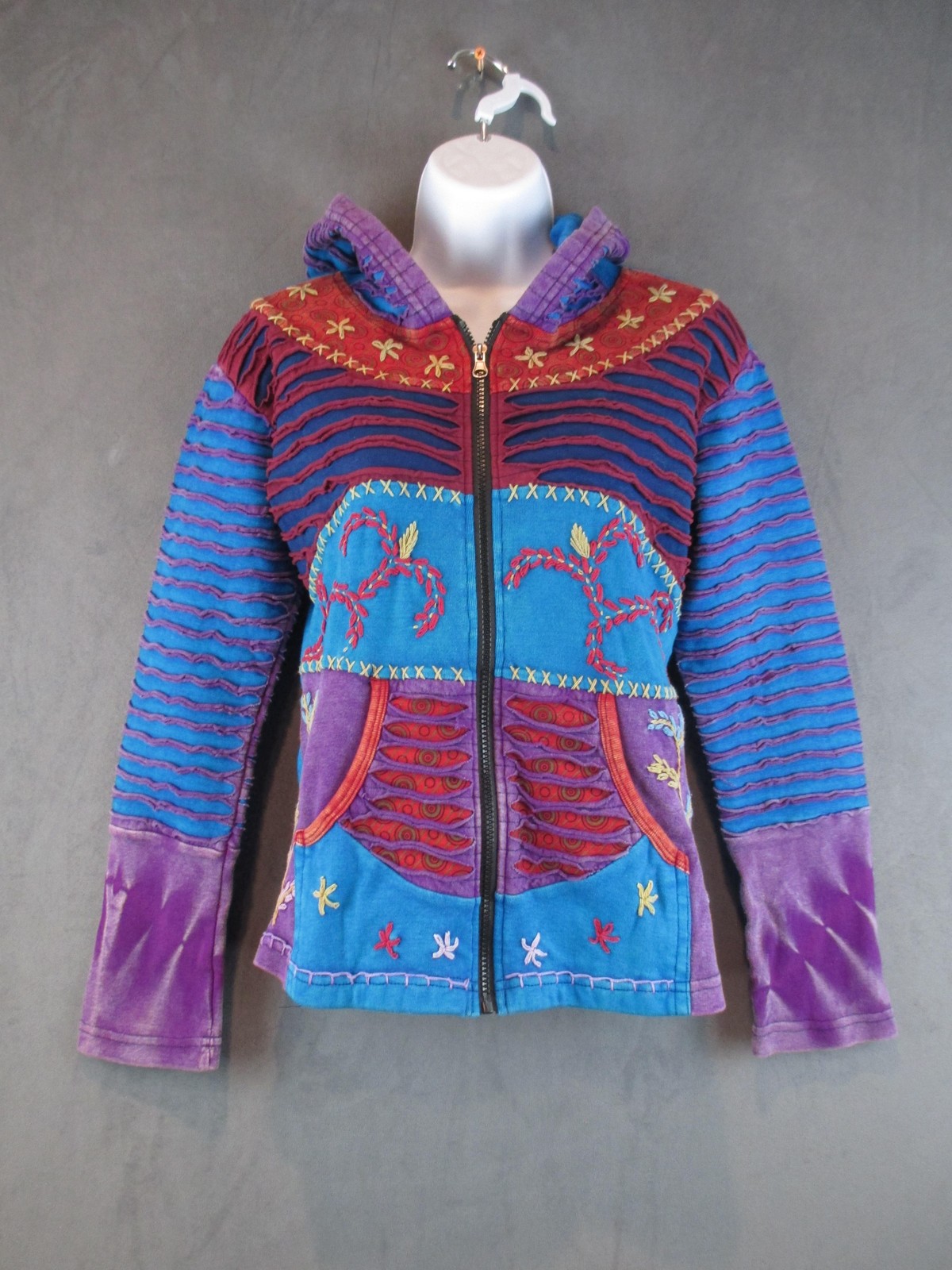 India Boutique Jacket Womens Medium Multicolor Hooded Embroidered Boho Hippie