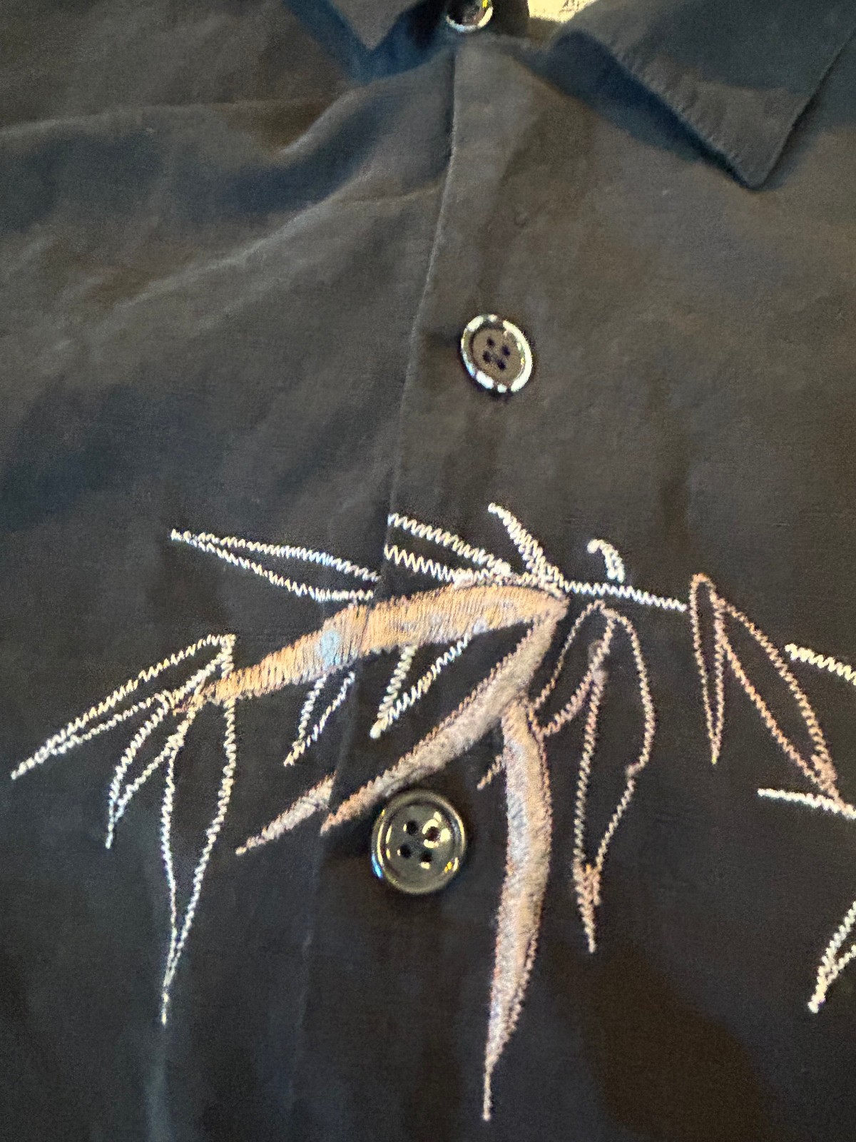 Brigata 100% Silk Button-Down Black Shirt Mens L Embroidered Bamboo Resort