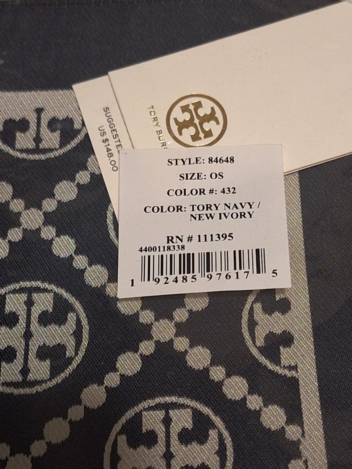 Brand New Tory Burch T Monogram Two Tone Scarf Tory Navy/New Ivory 27 X 27 In.