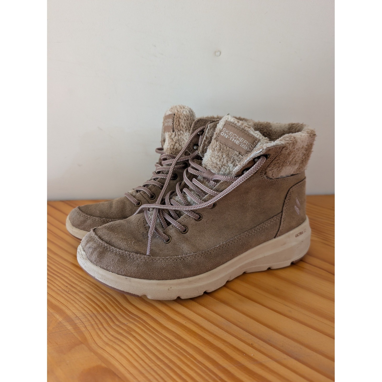 Skechers On-The-Go Joy Tan Leather Faux Fur Ankle Boots 144166 Womens 7