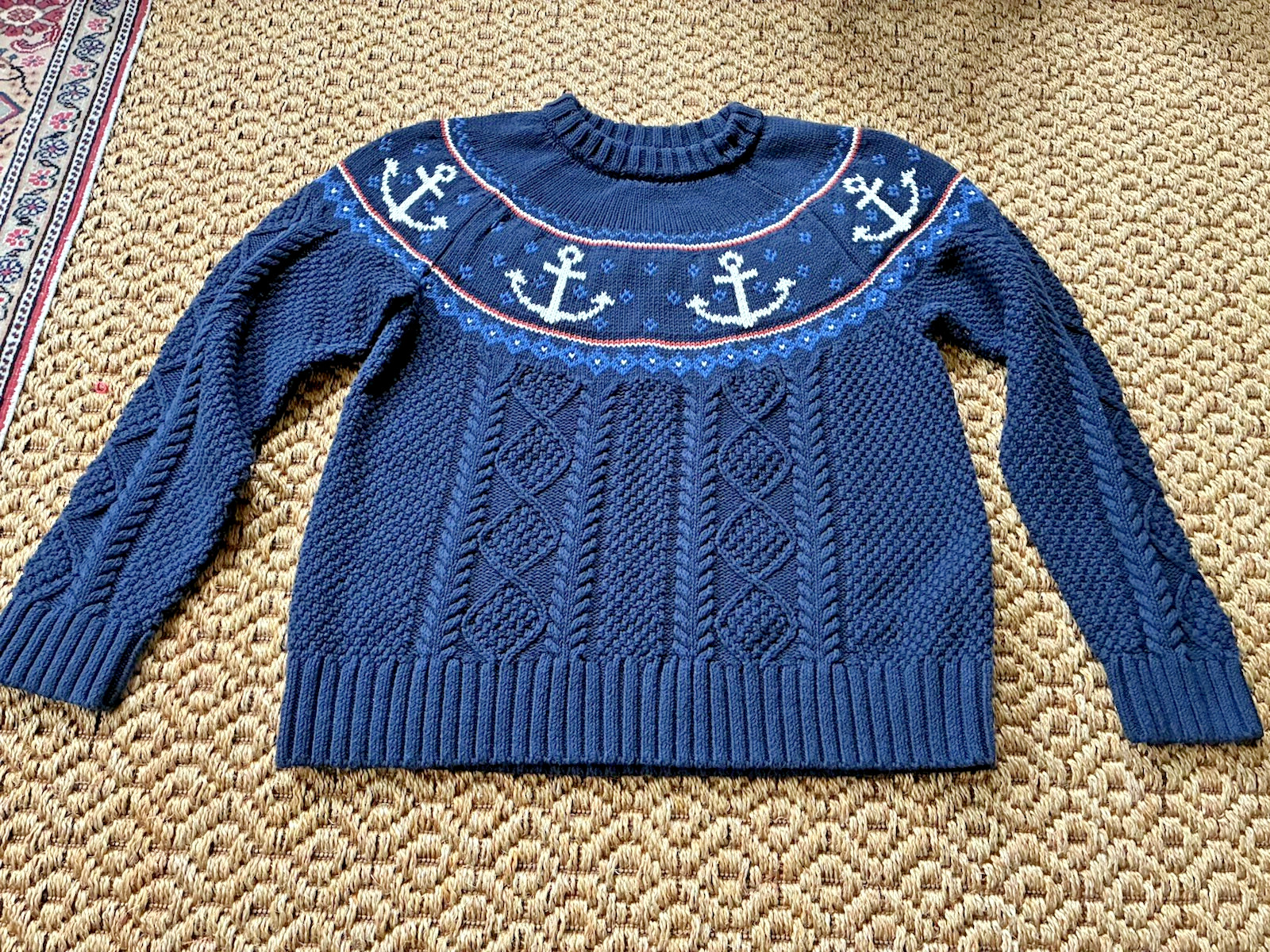 LL Bean Signature Cotton Cable Knit Sweater Navy Women Large Anchor Nautical