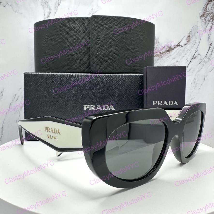 PRADA Sunglasses New Black White Gold Symbole Cat Eye Womens w/ Box & Case