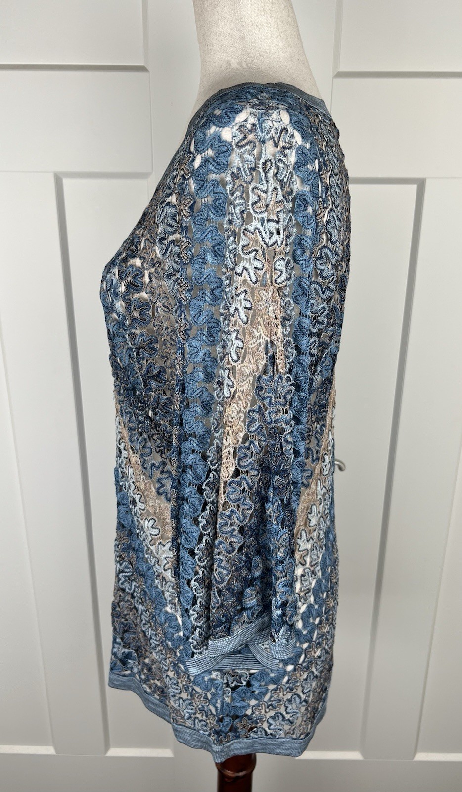 NIC+ZOE Open Weave Floral Knit Top Blue Beige Asymmetrical Tunic Large