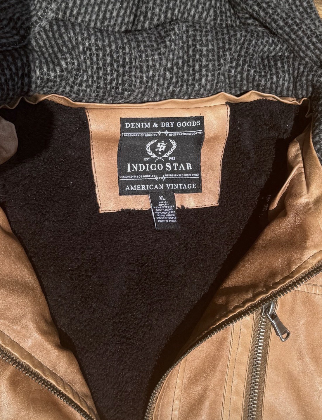 Indigo Star XL Brown Faux Leather Jacket w/ Detachable Hood Moto Style