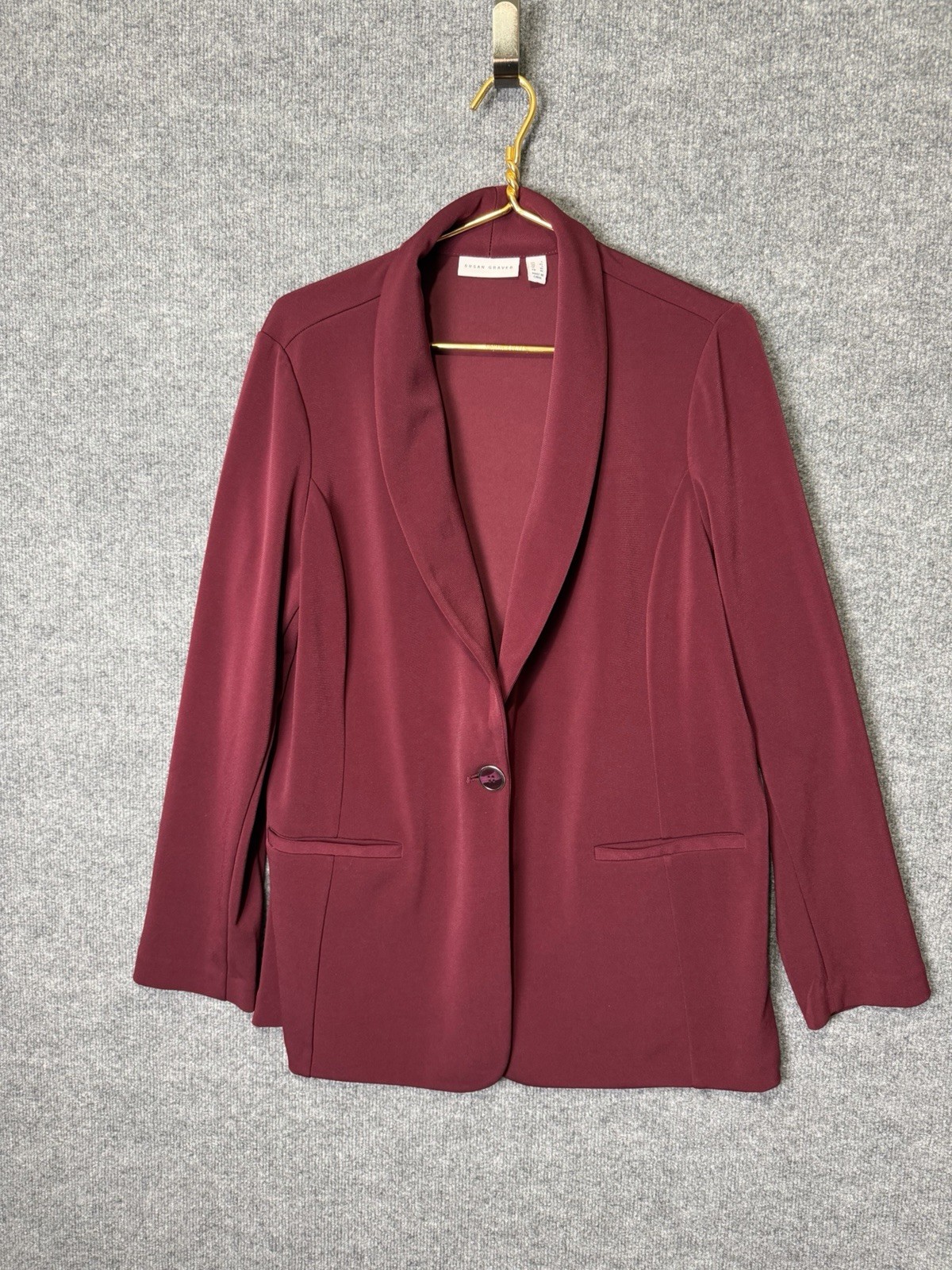 Susan Graver Burgundy Knit Blazer Jacket Women’s Large Shawl Collar Stretch