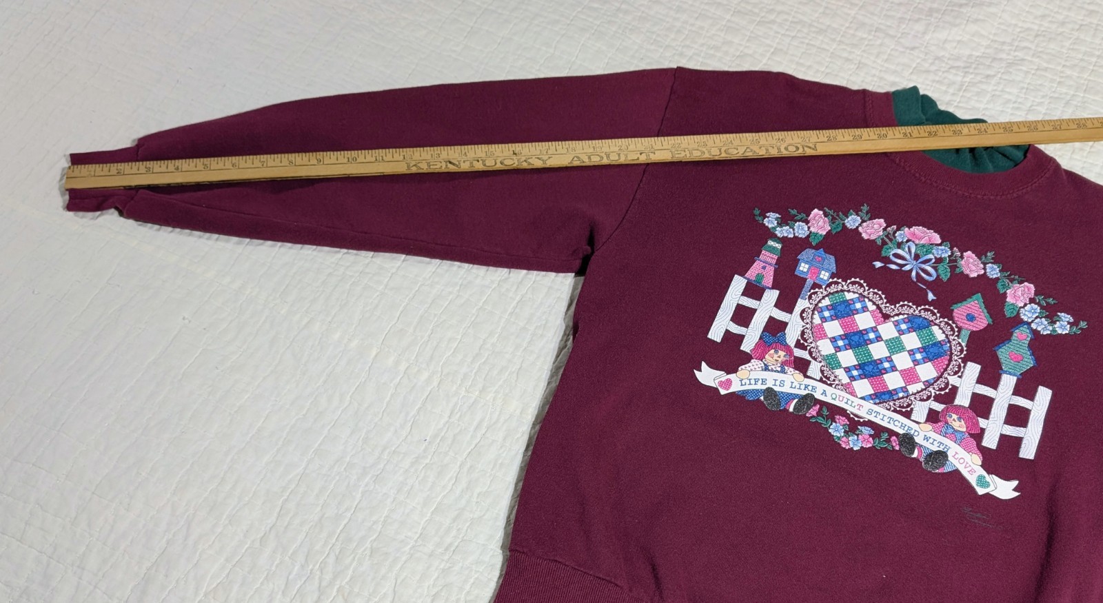 Vintage Sweatshirt Endless Designs Sz Large Quilt Heart Love Bird House Plum