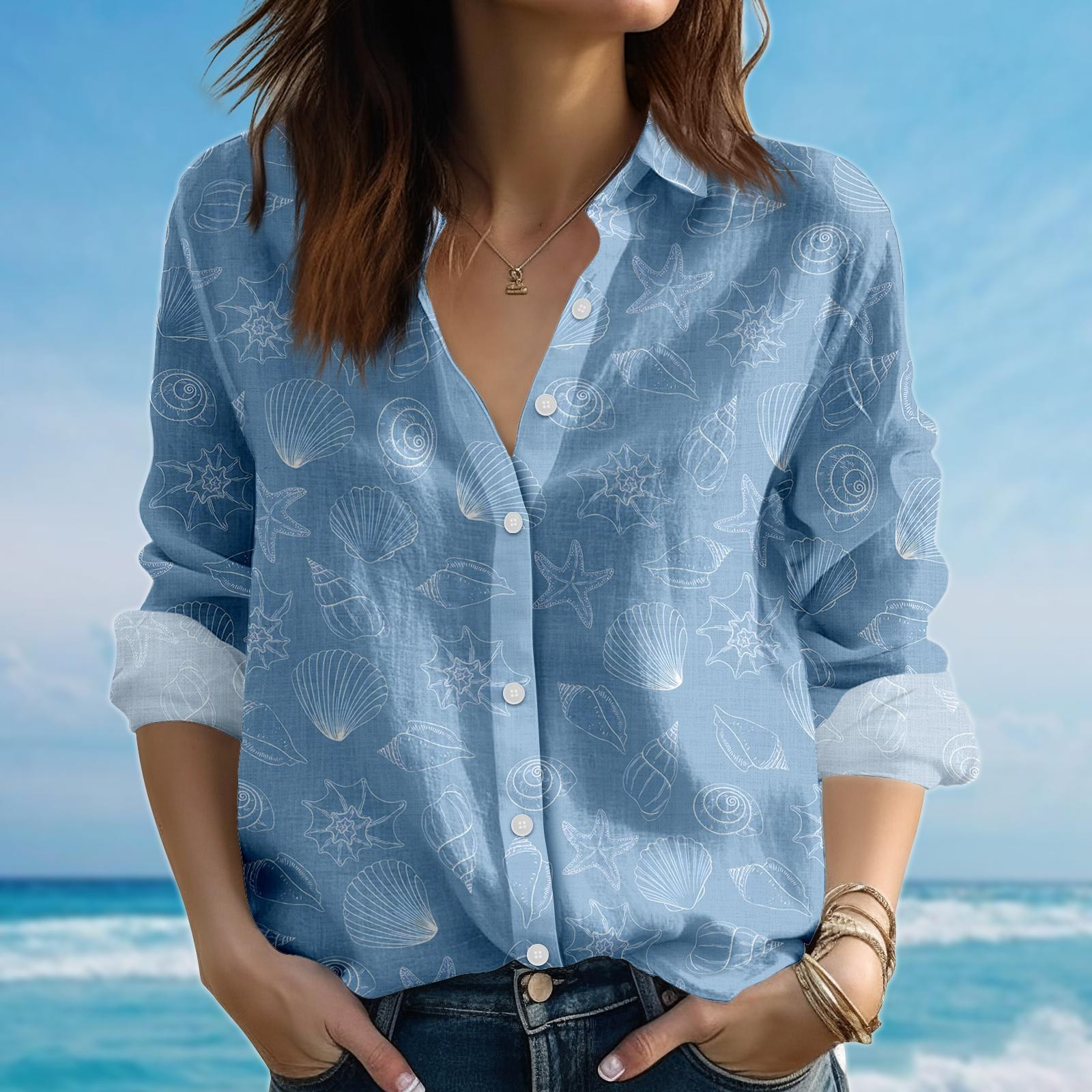 Vintage Sea Shell Blouse Shirt Ocean Women Shirt