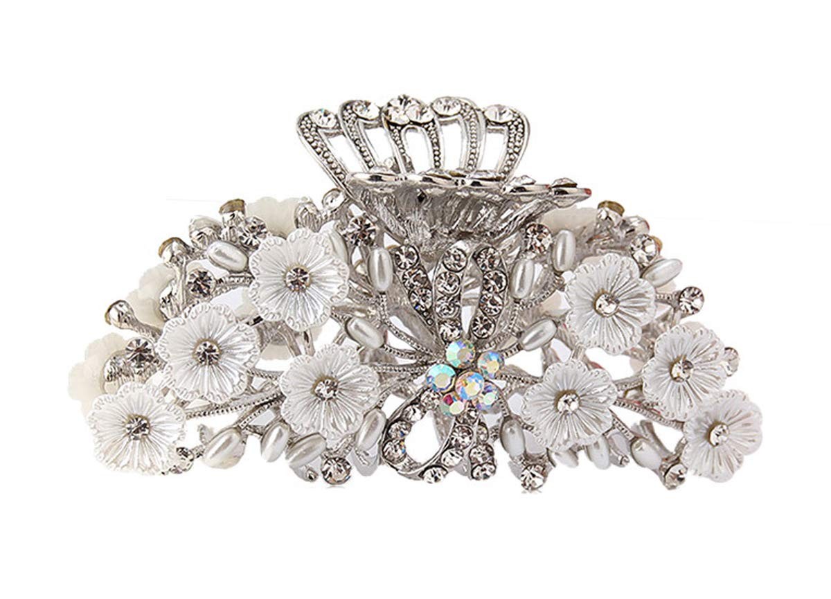 Vintage Metal Rhinestone Fancy Hair Claw Large Size Imitation Pearl Silver-C#