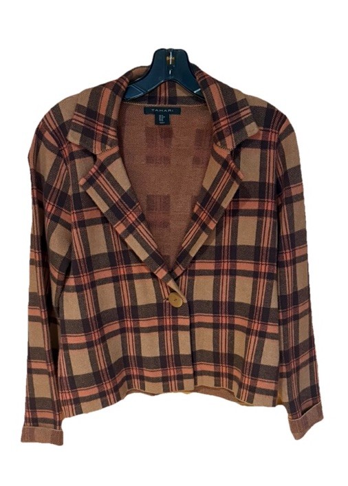 Tahari Knit Plaid Blazer Single Button Sweater Jacket Beige Brown Orange Size M