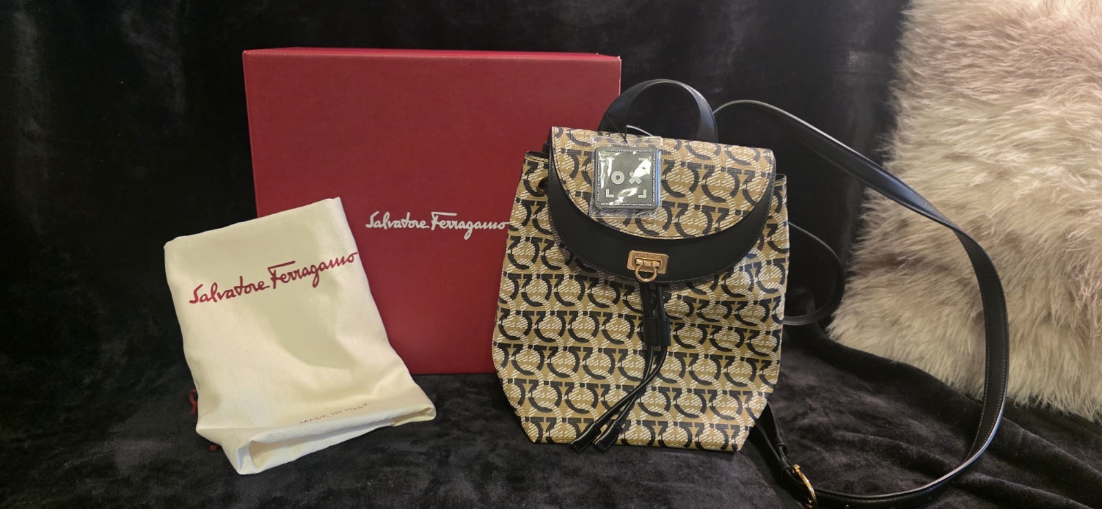 Salvatore Ferragamo Tan Monogram Backpack with Black Trim