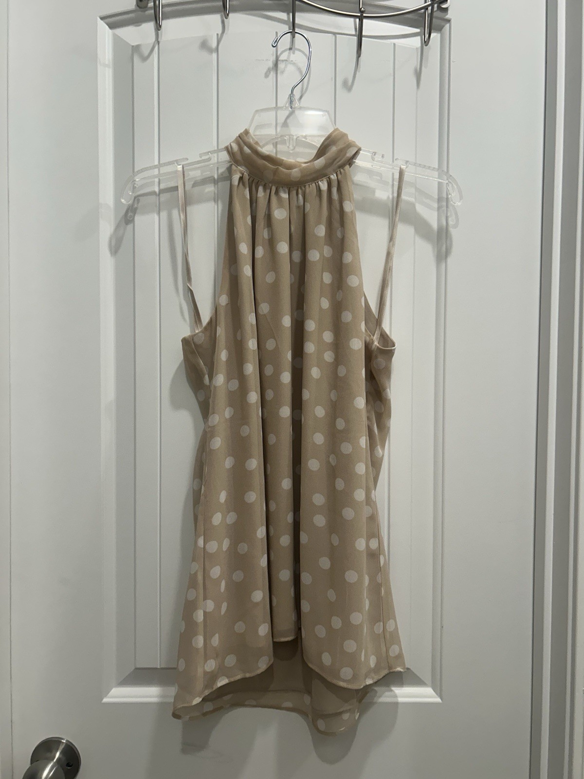 White House Black Market Polka Dot Blouse Beige/White High Neck Sleeveless S