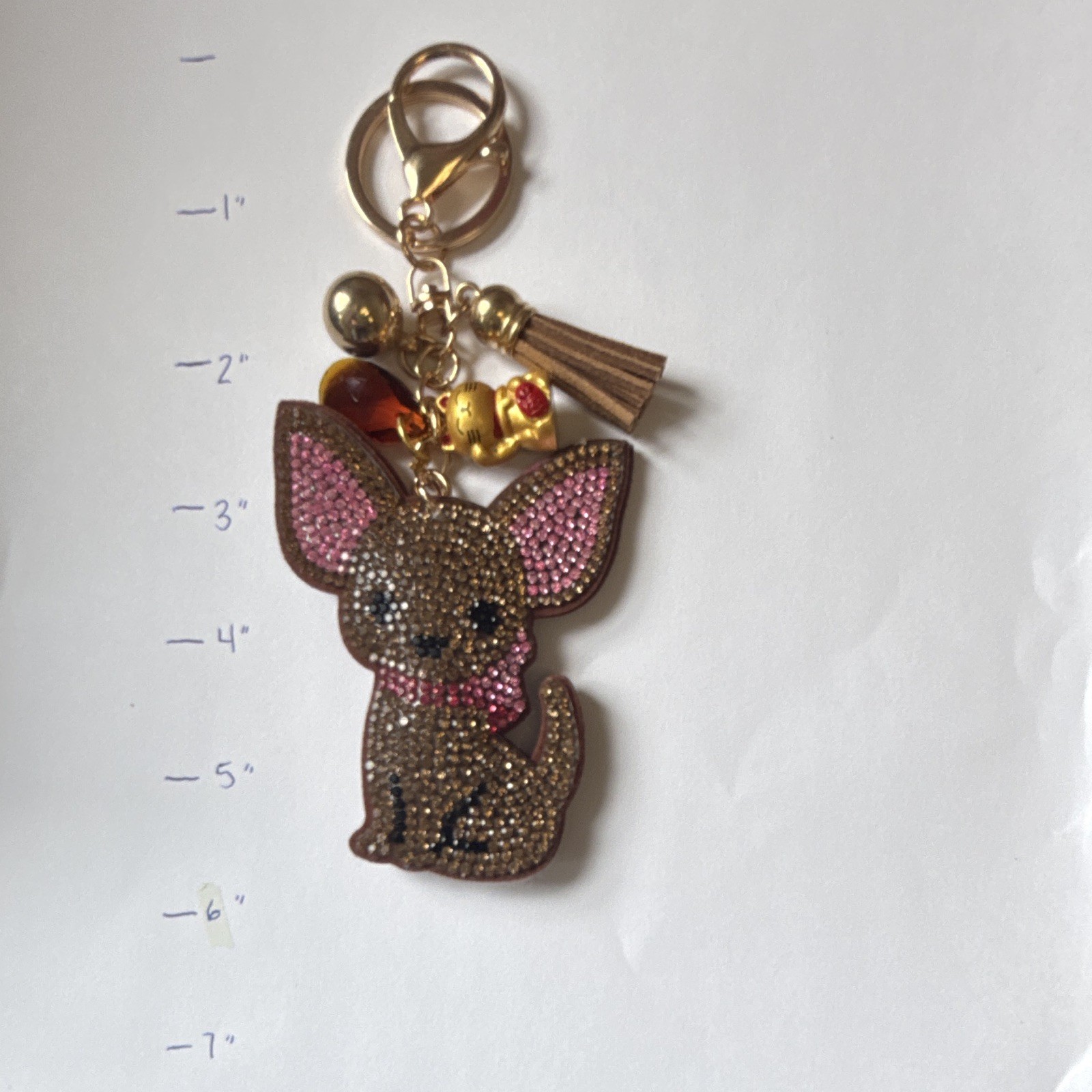 Rhinestone Dog & Maneki-neko Key Chain Bag Charm Tassel Clip 6in Gold Pink