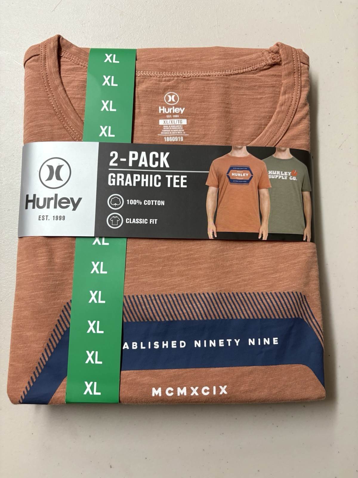 Hurley Men’s Graphic Tee, 2-pack – GREEN/ORANGE Or Blue/ Dark Blue You Pick Size