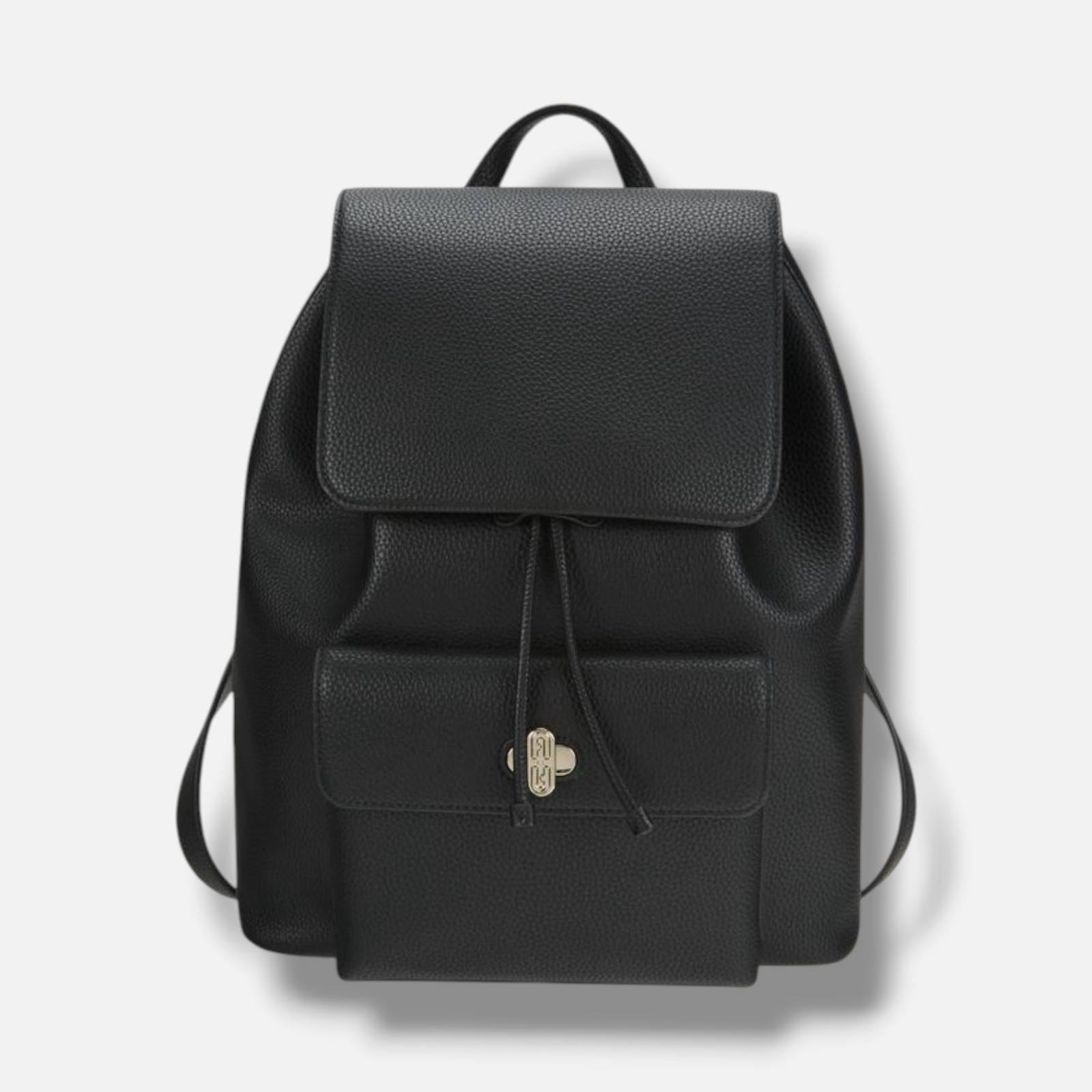 Furla Women’s Black Pebbled Leather Drawstring Turn-Lock Pocket Backpack Bag