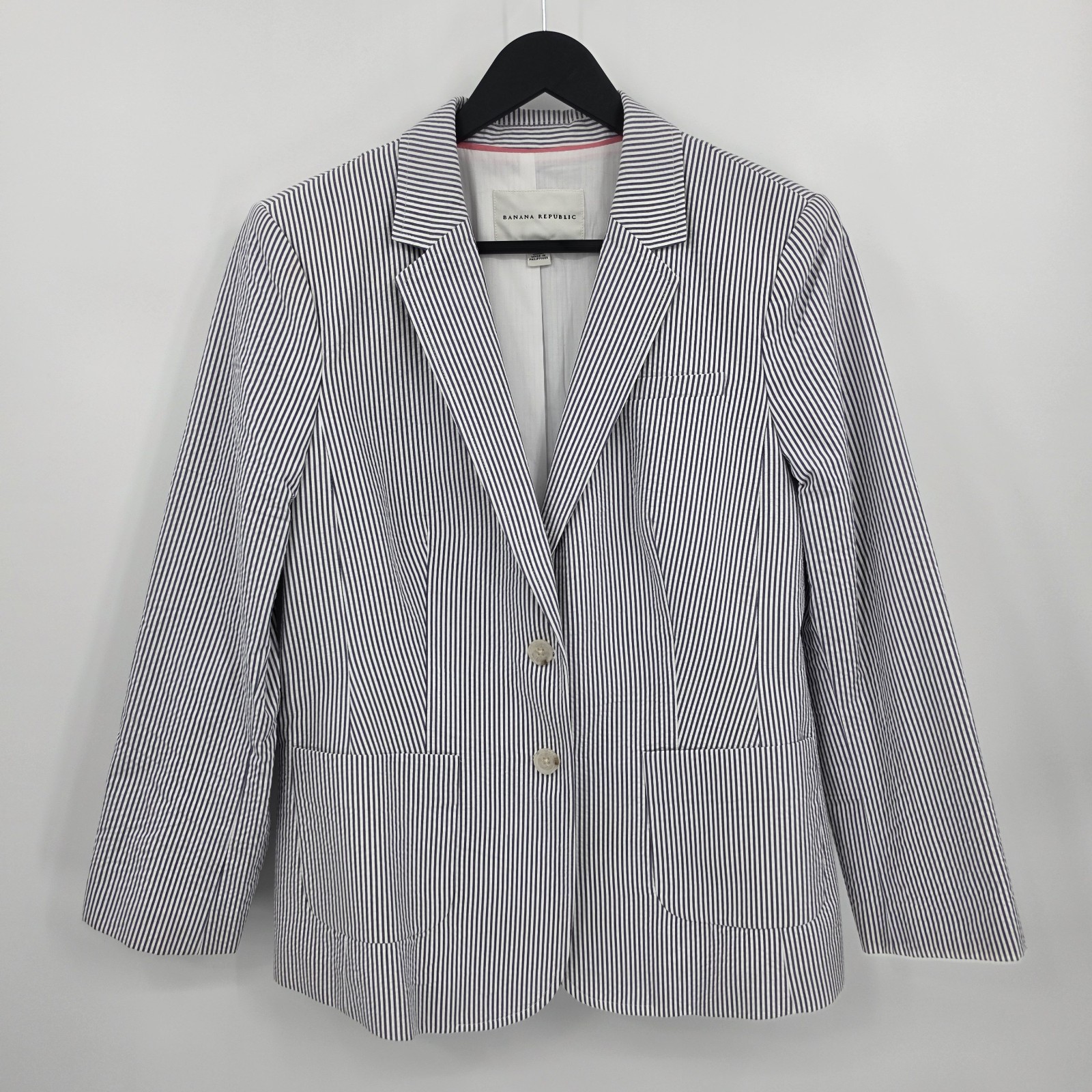 Banana Republic Seersucker Blazer Jacket Womens 12 Striped Coastal Preppy Cotton