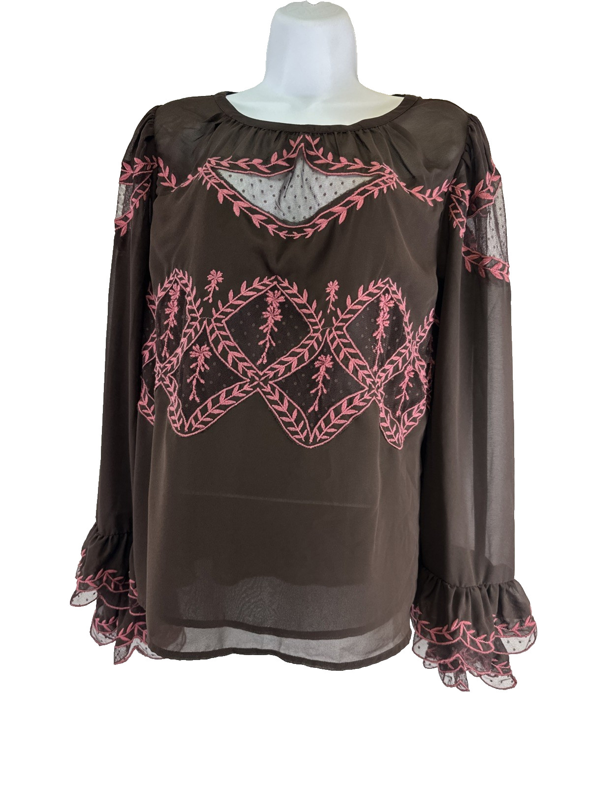 Anthropologie Long Sleeve Applique Blouse Brown Pink Embroidered Ruffle Chiffon