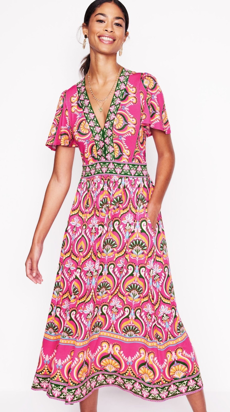 Boden ELLIE FLUTTER V-Neck Pink/Green/Yellow Short Sleeve Jersey Maxi Dress 18R