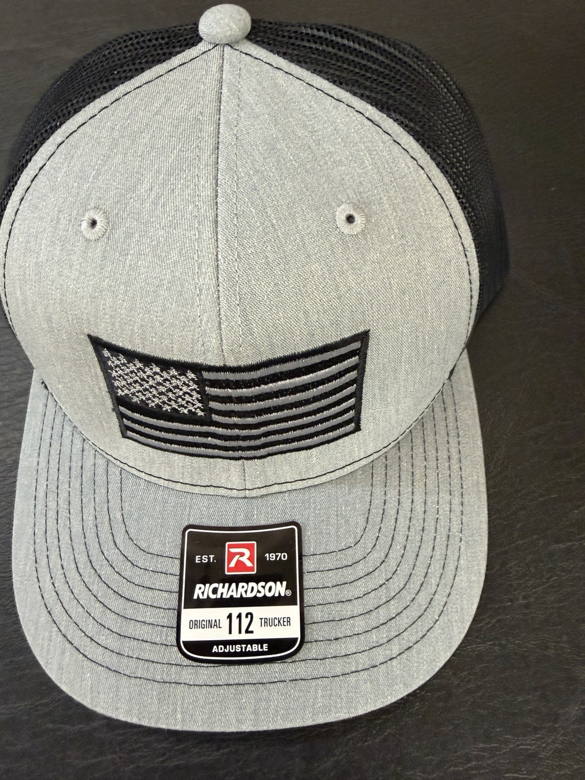 USA FLAG Tonal Embroidery Richardson 112 Heather Grey/Black Hat