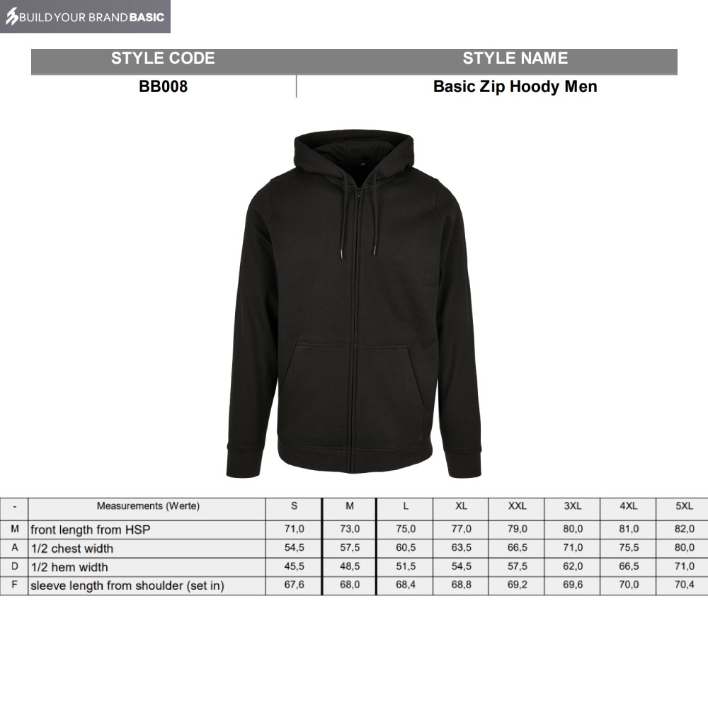 Build Your Brand Basic Basic zip hoodie – Hood, Set-in sleeve, Kangaroo pocket