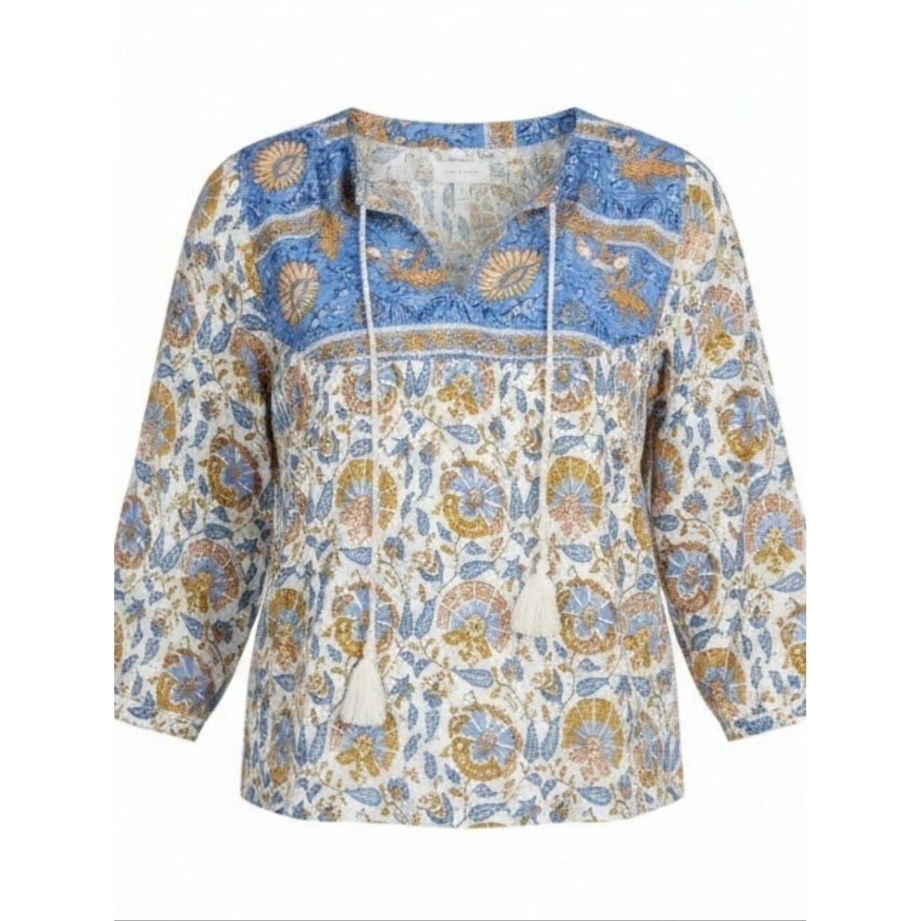 LUCKY BRAND | Boho Peasant Tassel Tie Floral Paisley Blouse Flowy Viscose | M