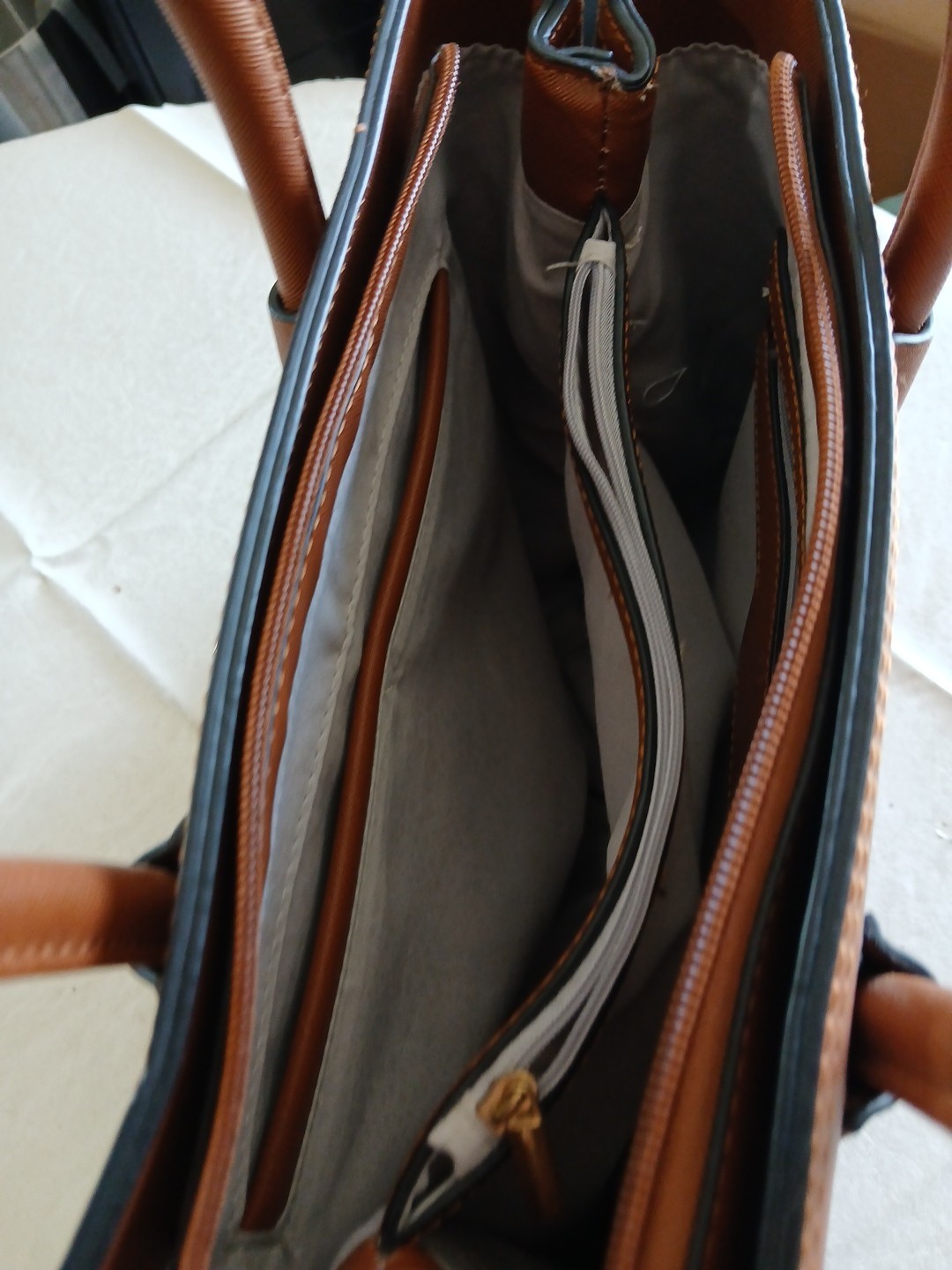 saffiano satchel gold tone hardware adjustable strap double handles brown