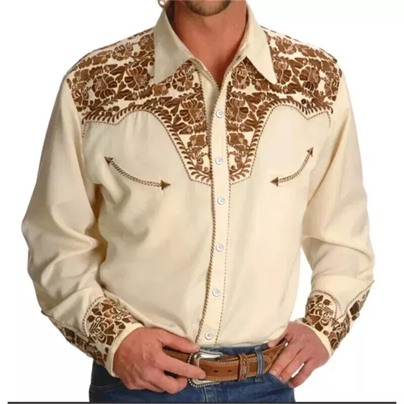 Men Western Long Sleeve Shirts Slim Button Down Dress Shirt Blouse Casual Tops