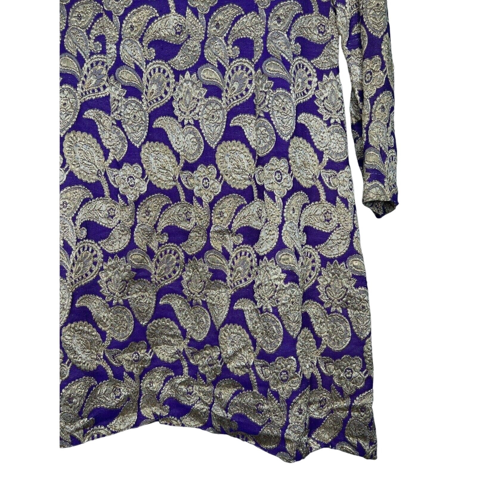 Vintage 70s Size Small Purple Gold Brocade MIni Dress Metallic Paisley MockNeck