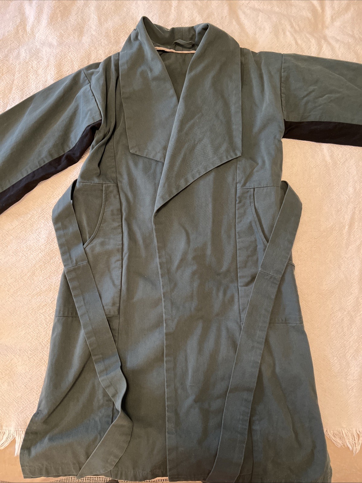 XS/S Petite Peacoat Duster Jacket 100% Cotton Sage Green With Pockets And Straps