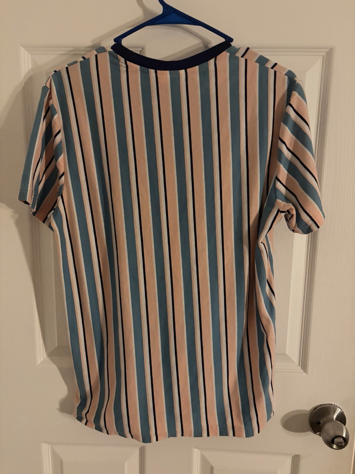 Men’s Striped Crew Neck Short Sleeve Knit T-Shirt Size S Blue Pink White