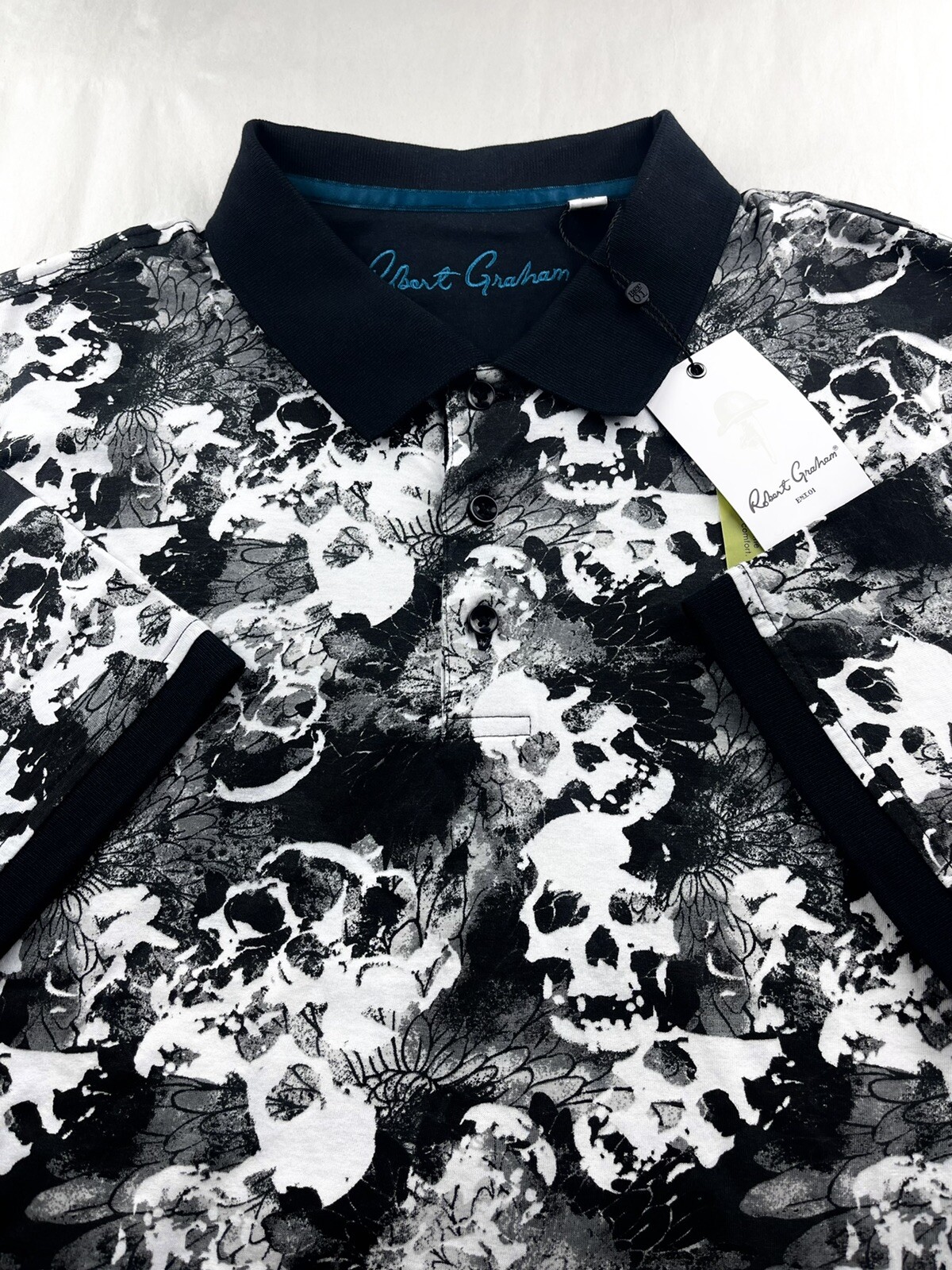 Robert Graham Geometric SKULL HEAD Floral Camouflage Print Polo Shirt Medium