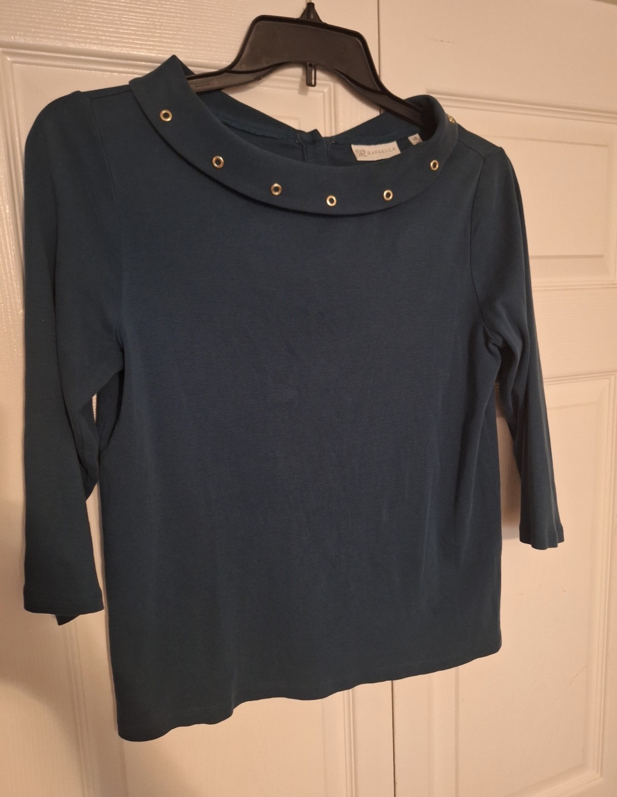 Rafaella Blue Solid Knit Collared Grommet 3/4 Sleeve Pullover Top L