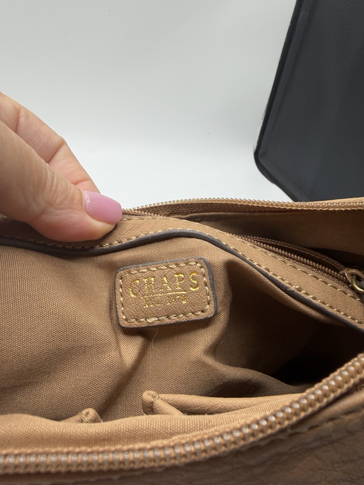Chaps Brown Shoulder Bag Zip Top Gold Hardware Buckle Lacing Inner/Outer Pockets