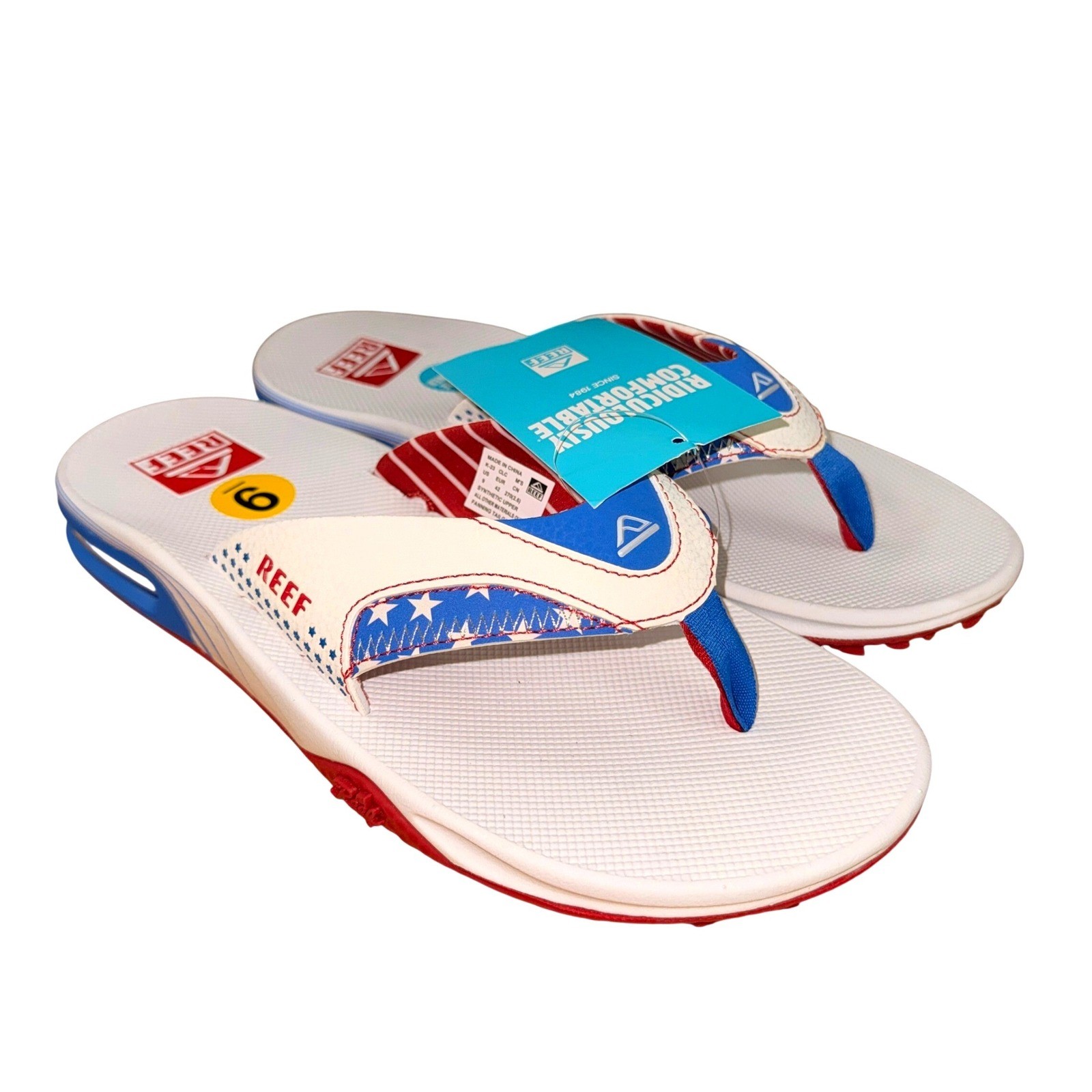 NEW Reef Fanning Tailgate Mens 9 Flip Flops White Red Blue Stars Stripes CJ6407