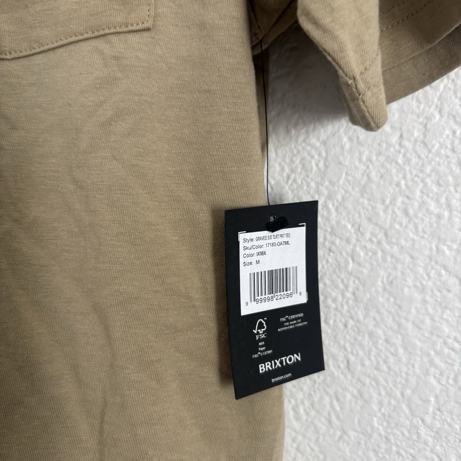 NWT Brixton Men’s Size Medium Oatmeal Tailored Fit Graves SS Pocket Tee